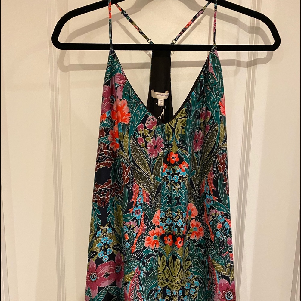Multi-colored silk mini dress.